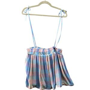 NWT Loft Tie Strap Cami‎ Top Womens MP Smocked Plaid Blue Rayon
